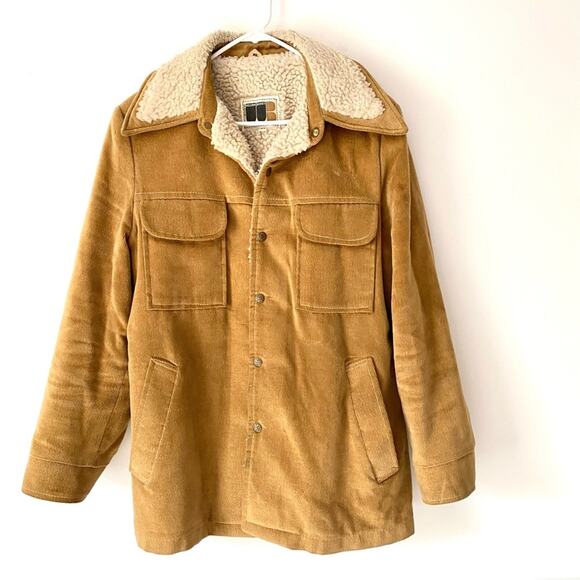 Vintage Men William Barry Hipster Brown Tan Camel Corduroy Sherpa Coat 38 Medium